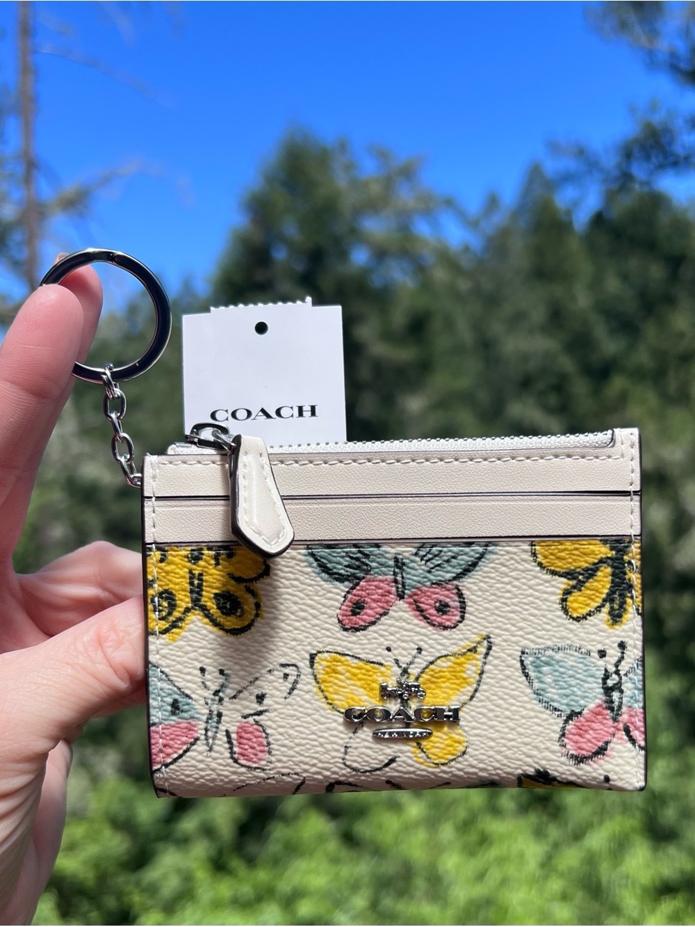 NWT COACH Mini Skinny Id Cardholder Case & Keychain w Butterfly Print CAR22